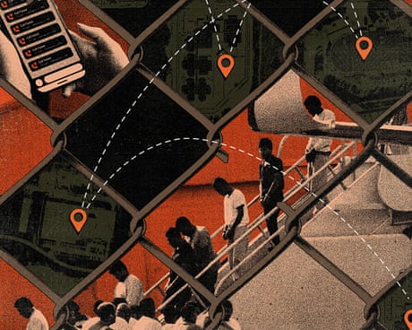 A collage of a chain-link fence overlaying several images. In one panel a hand holds a phone displaying repeated call log entries labeled “Call failed.” In multiple panels, maps are shown with location markers and a plane's path connects them with dotted lines. In the lower right, a group of people, handcuffed, descend airplane stairs in a single-file line.
