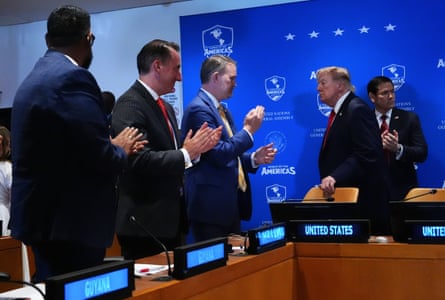 President Donald Trump departs a meeting of the multinational political and security coalition Shield of the Americas on the sidelines at the United Nations General Assembly in New York