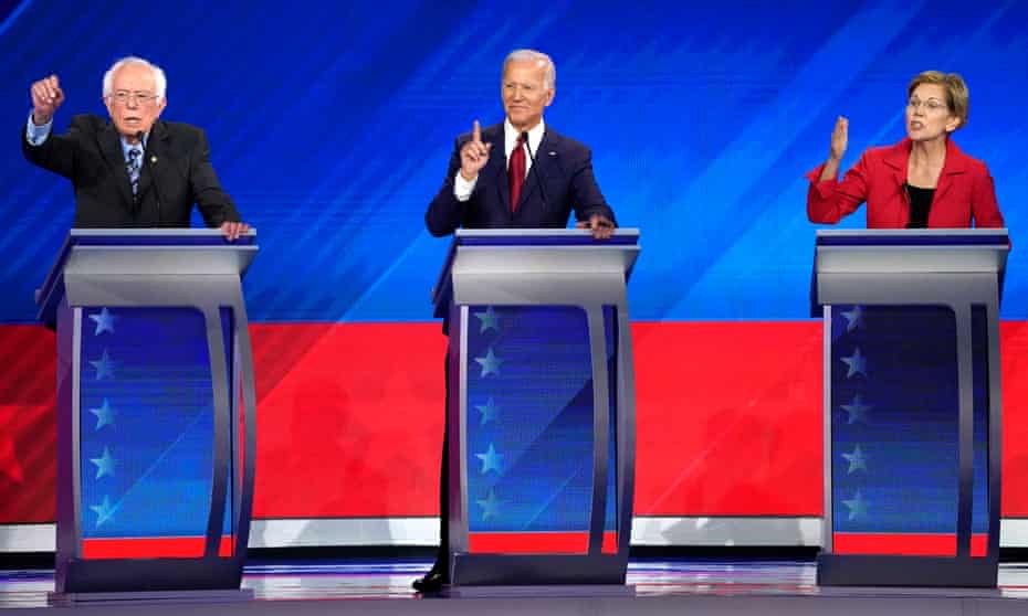 Bernie Sanders, Joe Biden and Elizabeth Warren at a Democratic debate in Houston, Texas, on 12 September.
