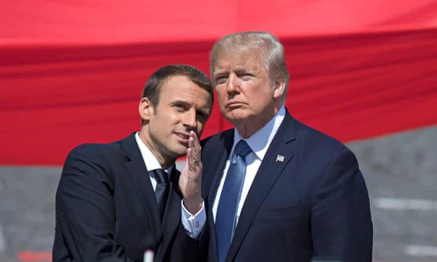 'Where do you buy your concealer?': French president Macron and US president Trump at the Bastille Day celebrations in Paris, France. Both men are known to use makeup.