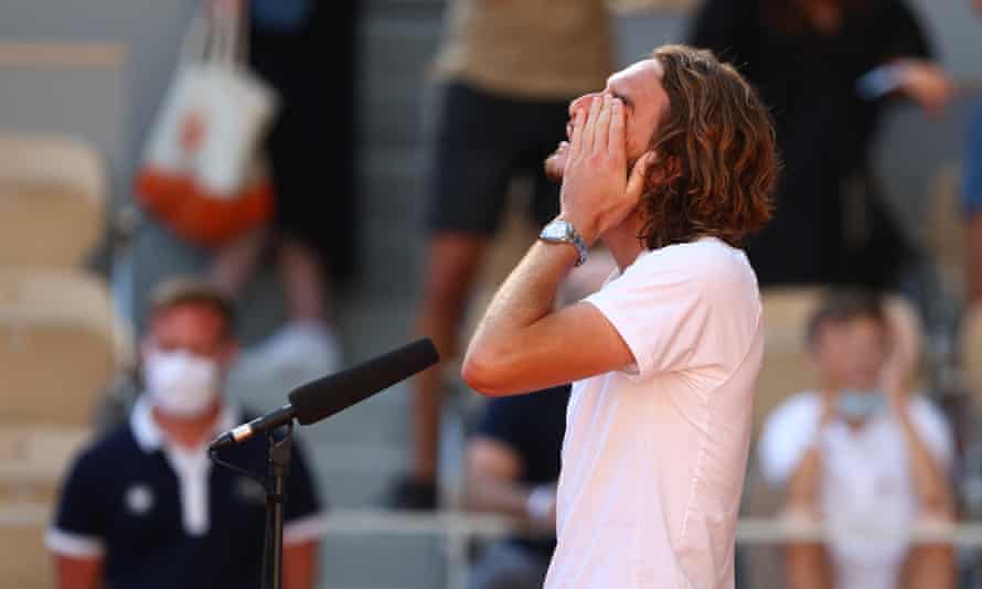 Stefanos Tsitsipas gives an emotional interview after his semi-final win over Alexander Zverev