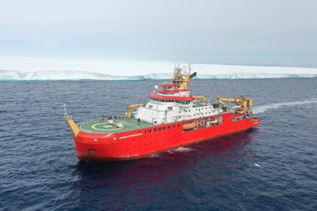 The RRS Sir David Attenborough in front of A23a iceberg in Antarctica.