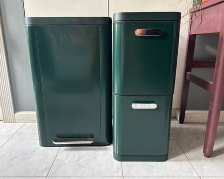 A Caraway 45L Rectangular Step Trash Can and Caraway 45L 2-Drawer Recycling Bin