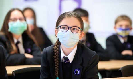 Children wearing face masks during a lesson at Outwood academy in Woodlands, Doncaster.