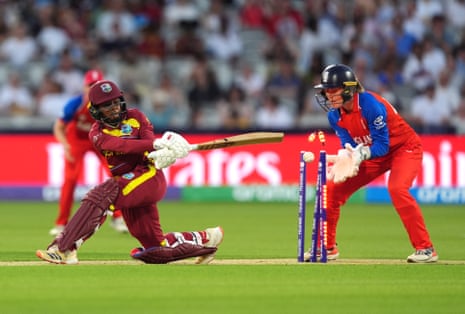 West Indies' Shemaine Campbelle is bowled out by England's Sophie Ecclestone.