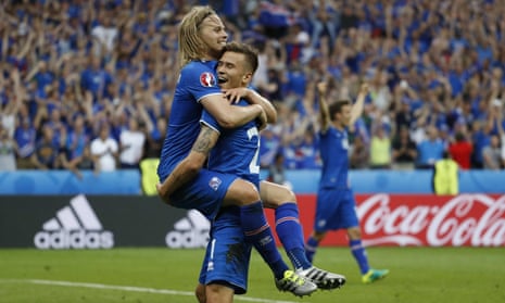 Iceland’s Arnor Ingvi Traustason celebrates scoring the winner.