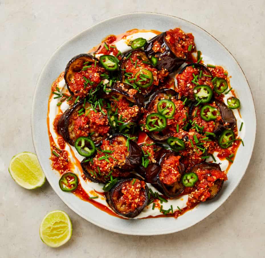 Ixta Belfrage's aubergines in lime yoghurt, with tomato cinnamon and chilli oil.