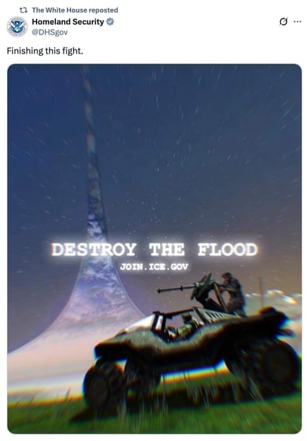 A picture of a tank with a solider in it and the words ‘Destroy the flood’ and ‘Join.ICE.gov’, with the caption ‘Finishing this fight’