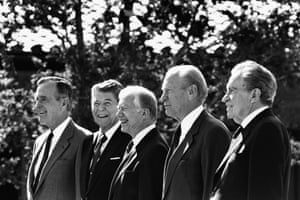 Presidents George HW Bush, Ronald Reagan, Jimmy Carter, Gerald Ford and Richard Nixon attend the dedication of the Ronald Reagan Library, in California in 1991.