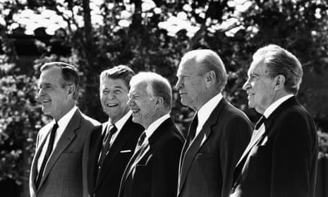 George HW Bush, Ronald Reagan, Jimmy Carter, Gerald Ford, and Richard Nixon in Simi Valley, California, at the dedication of the Ronald Reagan library in 1991.