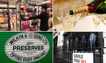 Clockwise (left to right from top): Burberry bags in a store, Moët & Chandon champagne, Gieves & Hawkes of Savile Row, and Wilkin & Sons, which is behind the Tiptree jam brand.