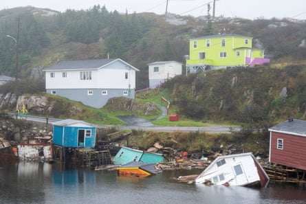 Wooden buildings blown into the sea by Hurricane Fiona in Rose Blanche-Harbour Le Cou, Newfoundland, a month ago