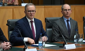 Prime Minister Anthony Albanese and Chief Medical Officer Paul Kelly at a press conference after a National Cabinet meeting at Parliament House in Canberra