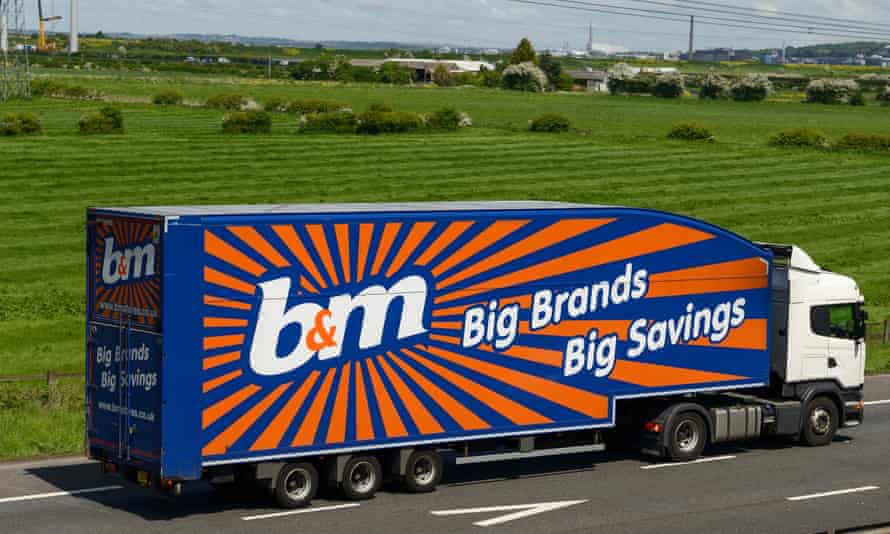 A B&M HGV travelling on the M56 motorway in Cheshire.