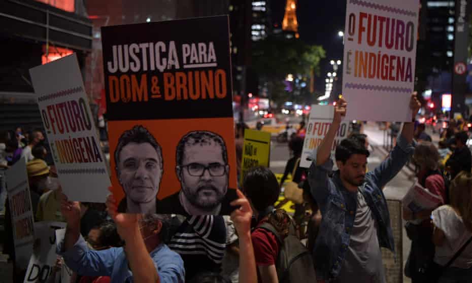 Brazilian Indigenous people protest over the murder of British journalist Dom Phillips and Brazilian Indigenous affairs specialist Bruno Pereira, in Sao Paulo, Brazil.
