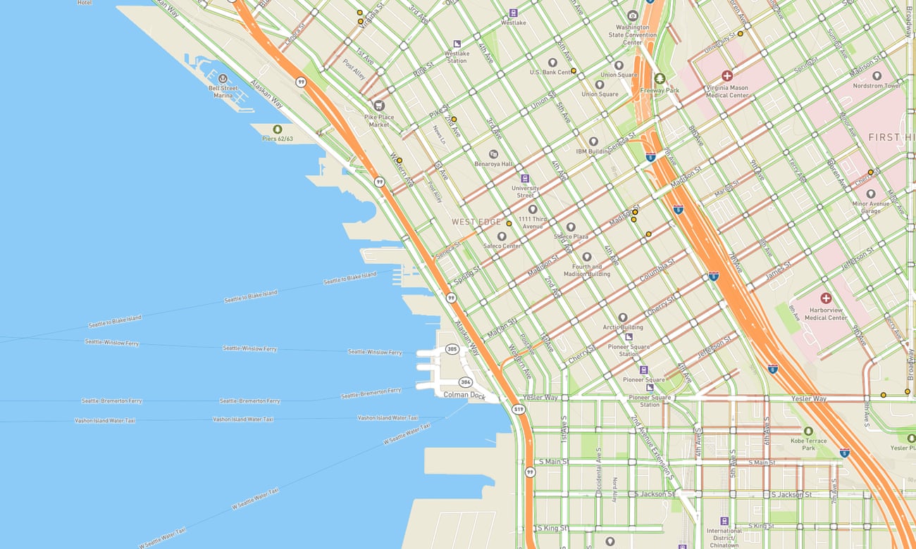 AccessMap Seattle with inclines mapped by colour. green = 0 percent incline 10 = 10 percent incline. Sidewalk Maps for Low Mobility Citizens