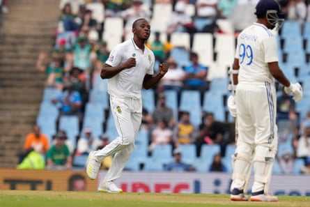 Kagiso Rabada celebrates the wicket of Ravichandran Ashwin during South Africa's Test against India in 2023.