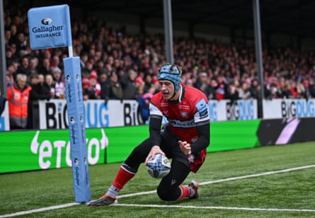 Josh Hathaway touches down for Gloucester’s third try during a dominating first half against Sale.