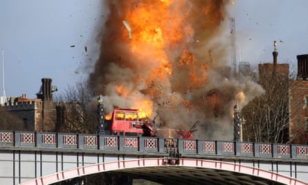 Bus explodes on Lambeth Bridge in London during filming for Jackie Chan’s new film.