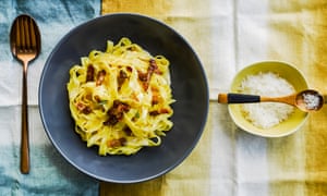 Bacon and egg fettuccine, roast garlic and Berkswell cheese.