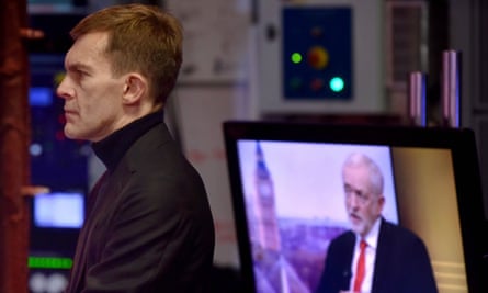 Seumas Milne, Labour’s executive director of strategy and communications, watches Jeremy Corbyn appear on the BBC’s Andrew Marr Show last month.