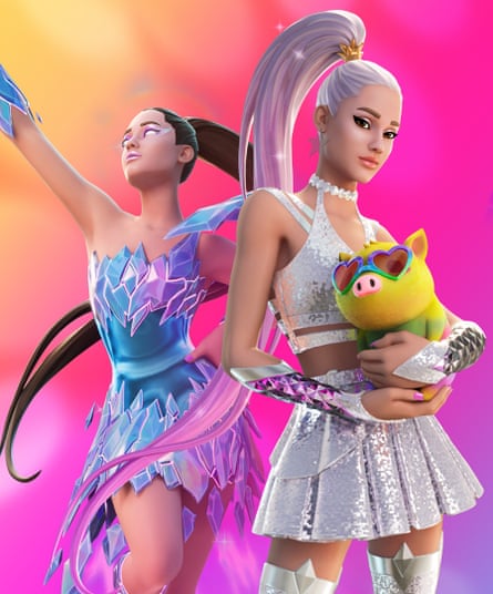 Ariana Grande avatars appearing in Fortnite.