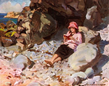 an oil painting of a woman reading on the beach