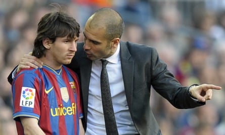 Pep Guardiola with Lionel Messi at Barcelona in 2010. The new deal enhances the prospect they will be reunited at Manchester City.