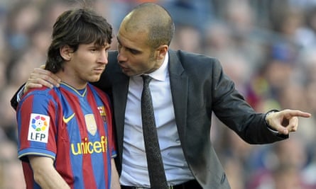 Pep Guardiola gives instructions to Lionel Messi during Barcelona’s La Liga fixture against Xerez in April 2010.