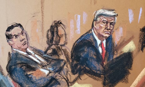 Donald Trump listens as prosecutor during an earlier court hearing on charges in the hush-money case at a court in New York in February.