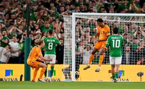 Republic of Ireland v Netherlands: Euro 2024 qualifier – live | Euro 2024 qualifying 5 Cody Gakpo of Netherlands, right, celebrates after scoring his side's first goal from a penalty.