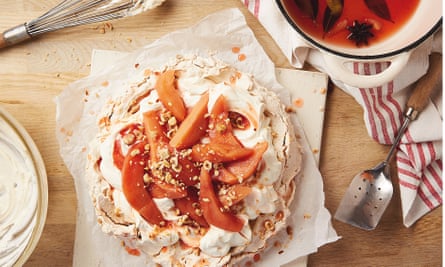 Thomasina Miers’ hazelnut and brown sugar meringue with poached quince.