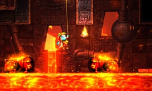 the main character swings from a rope above subterranean lava in steamworld dig 2