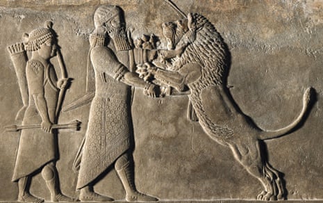 ‘They fought lions, to prove their superhuman virility’ … Ashurbanipal in combat.
