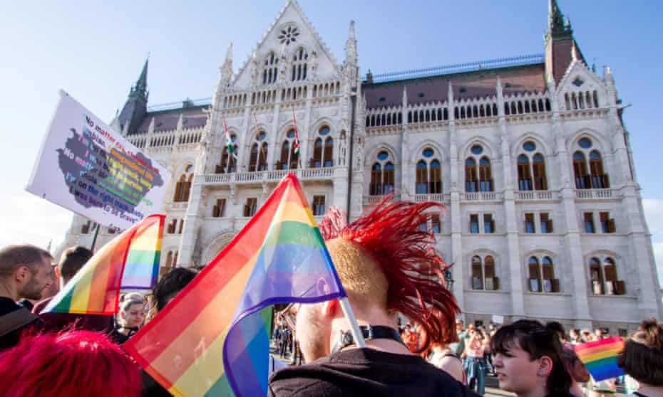 A gay rights demonstration in Budapest against the new law banning depictions of homosexuality in schools