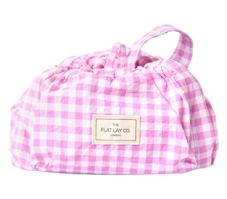 The Flat Lay Co parachute drawstring makeup bag in pink gingham