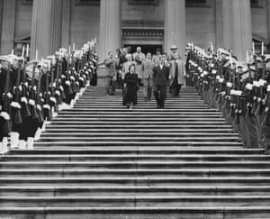 Princess Elizabeth and Prince Philip walk down the steps of the Capitol Building on 5 November 1951