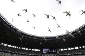 Gulls fly over the stadium whilst athletes practice before the 2025 World Athletics Championships.