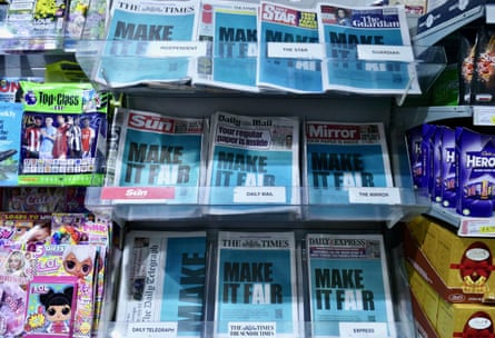 Front pages on a UK newsstand all with the Make It Fair headline in capitals