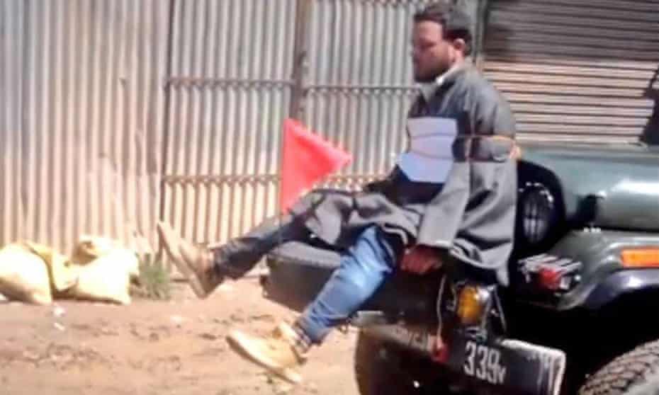 Farooq Ahmad Dar tied to an army vehicle