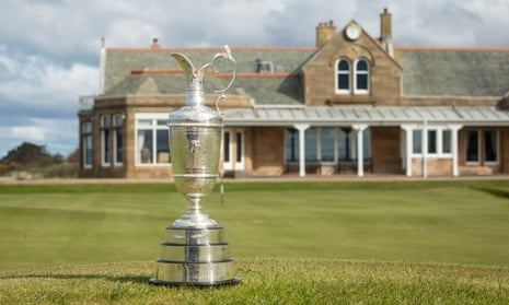 The Claret Jug sits outside the clubhouse at Royal Troon.