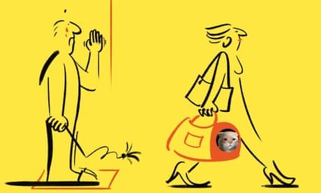 Composite of an illustration of a woman walking away from a man, carrying a photo of a cat in a basket