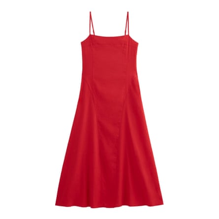 A red midi linen dress with adjustable spaghetti straps from Everlane.