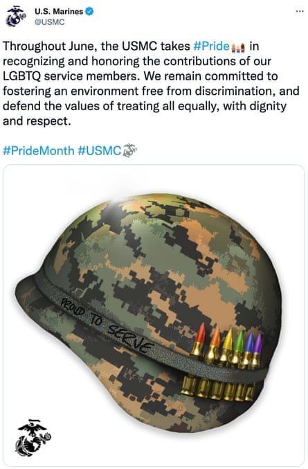 image of tweet that says “throughout june, the USMZC takes pride in recognizing and honoring the contributions of our LGBTQ service members. we remain committed to fostering an environment free from discrimination, and defend the values of treating all equally, with dignity and respect”. Below that is a picture of a military helmet with rainbow-colored bullets attached to it