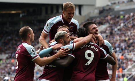 West Ham celebrate scoring their fourth goal in their Premier League victory against Newcastle.
