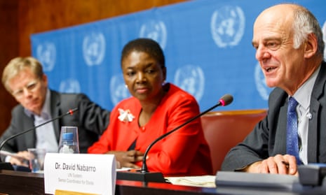 David Nabarro, right, with UN representative Lady Amos, speaks to reporters about the battle to contain the Ebola outbreak in west Africa in 2014.