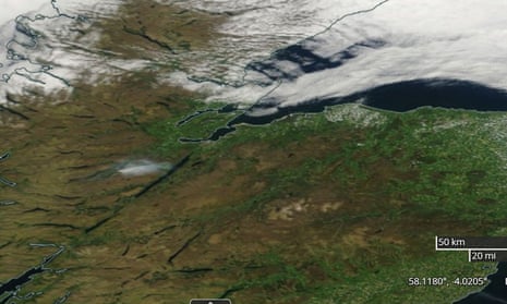 A Nasa worldview satellite photograph shows the plume of smoke from the fire at Cannich, in the hills above Loch Ness in the Highlands, drifting towards the loch