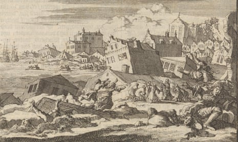 A depiction of the earthquake that destroyed much of Port Royal in 1692, by Jan Luyken and Pieter van der Aa.