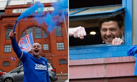 A Rangers fan celebrates on Sunday while Steven Gerrard gestures to fans out of the Ibrox dressing room window after Saturday’s 3-0 win against St Mirren.