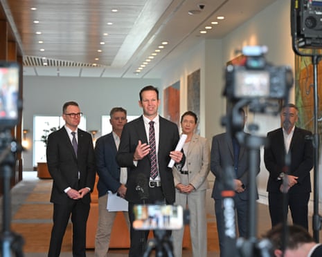 s leader Matt Canavan and fellow Coalition members and senators at a press conference.